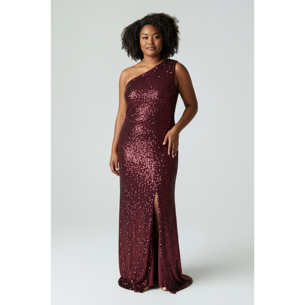 Shein Curve One Shoulder Sequin Gown Burgundy Formal Party High Slit‎ 2XL Glam